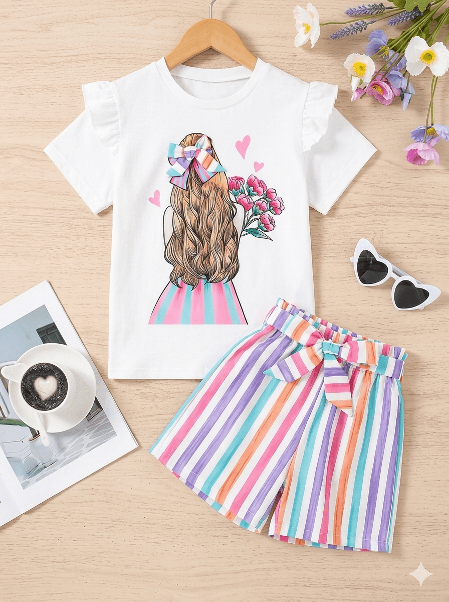 Abiha Styra Floral Bow Girl & Striped Shorts Set