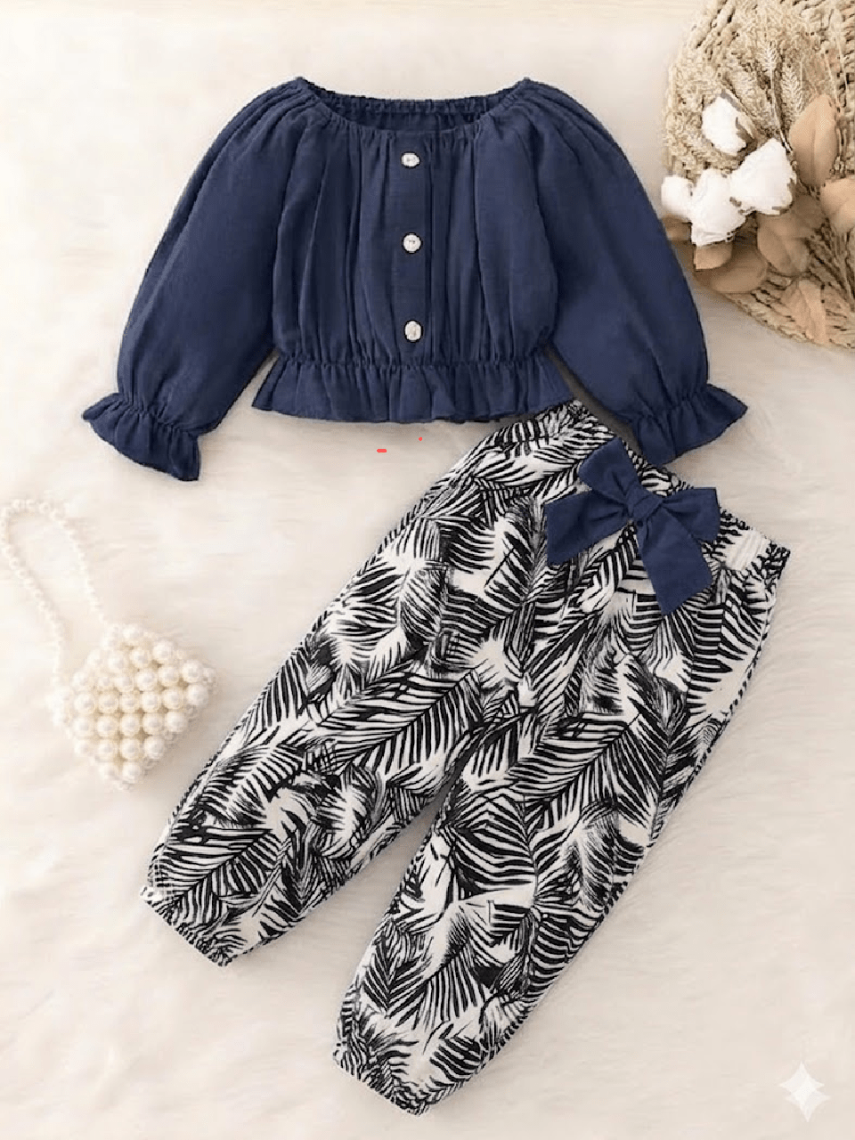 Abiha Styra: Royal Navy Peplum & Tropical Leaf Set