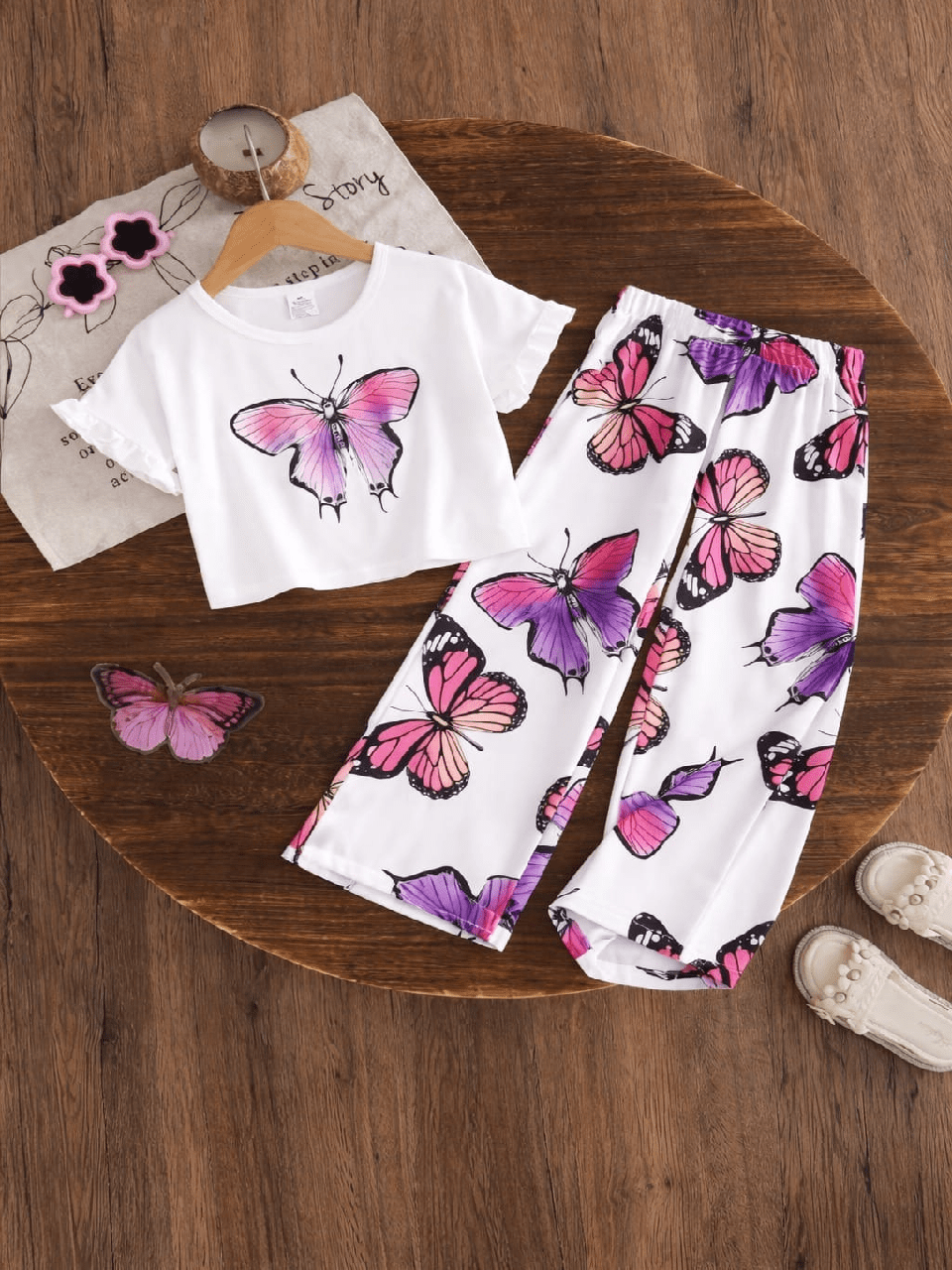 Baby Girl Summer Butterfly Print Top & Trouser Set – Soft Cotton
