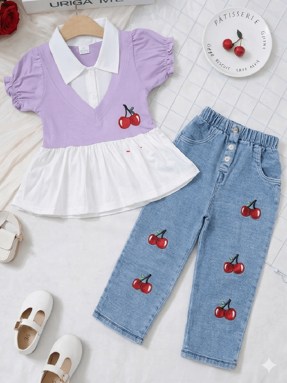 Abiha Styra – Kids  Cherry Printed & Shirt Delight Denim Set