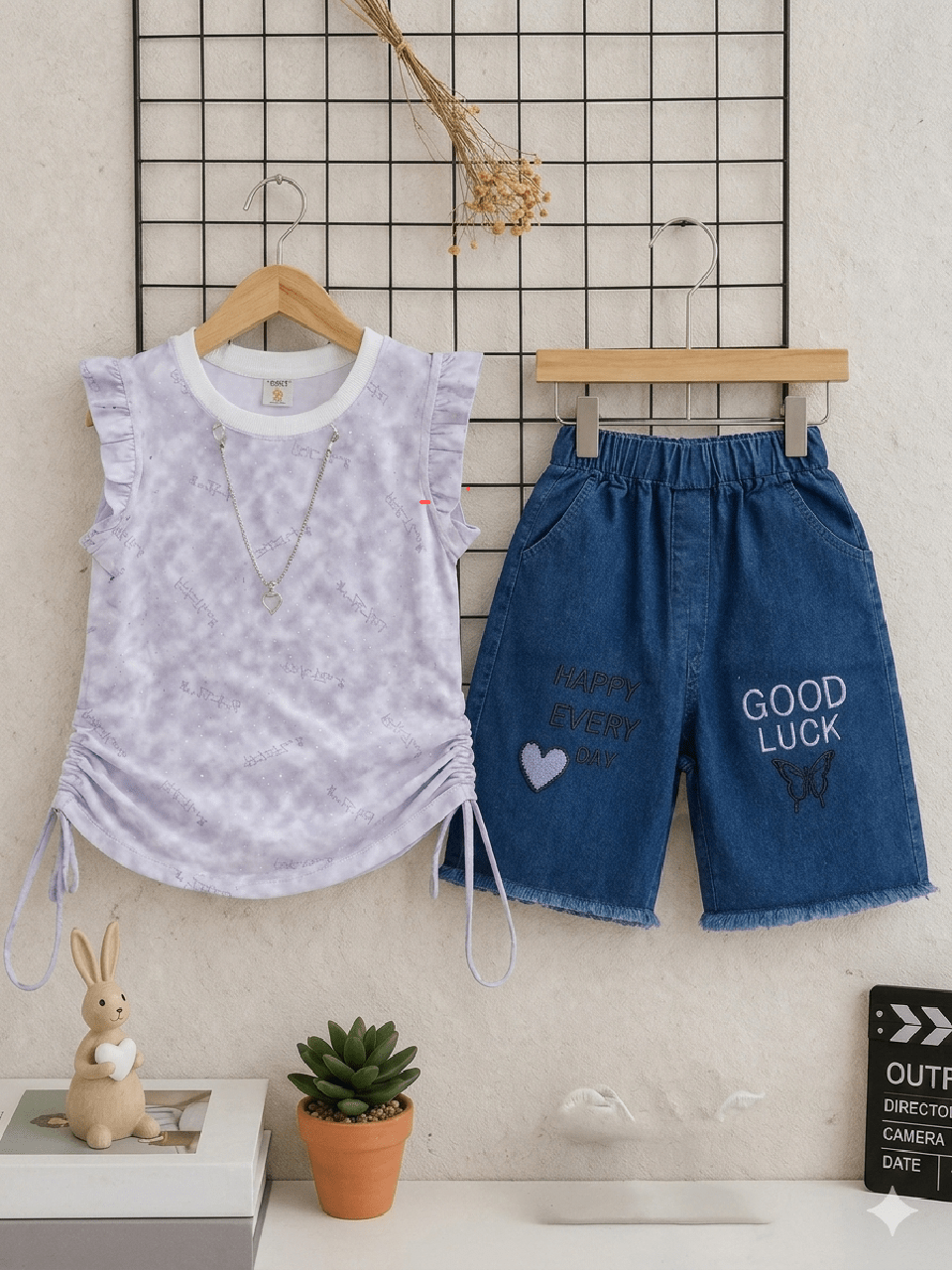 Abiha Styra Lavender Ruffle Purple Shirt & Short Graphic Denim Set