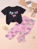 Baby Girl Summer Colorful Bows Print Top & Trouser Set – Soft Cotton