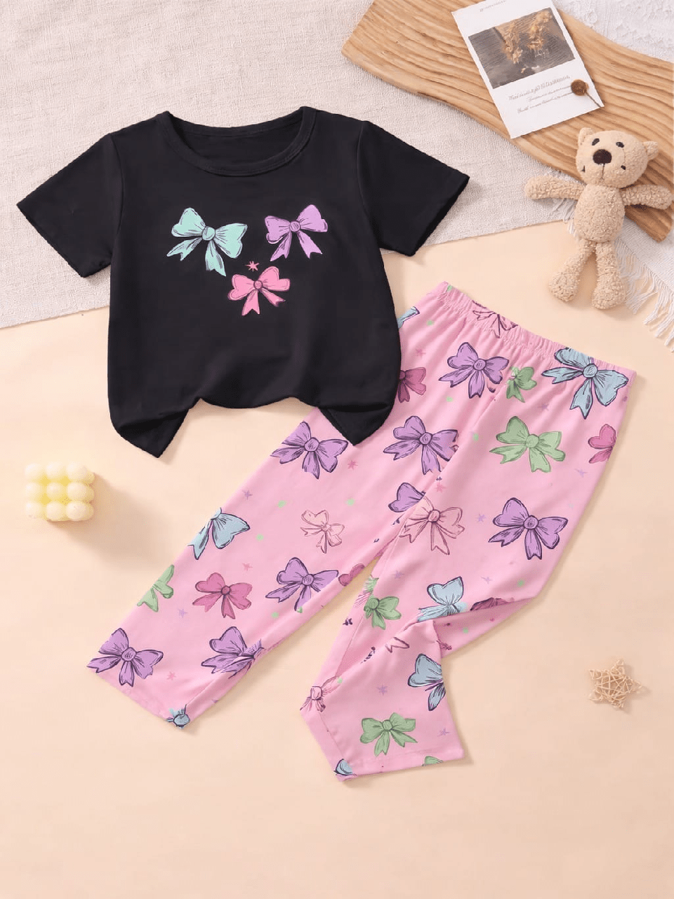 Baby Girl Summer Colorful Bows Print Top & Trouser Set – Soft Cotton