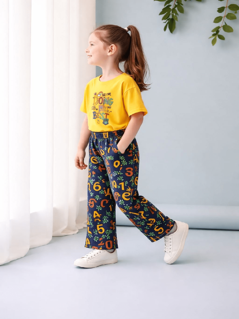 Baby Girl Summer Yellow Top & Navy Alphabet Print Trouser Set – Soft Cotton