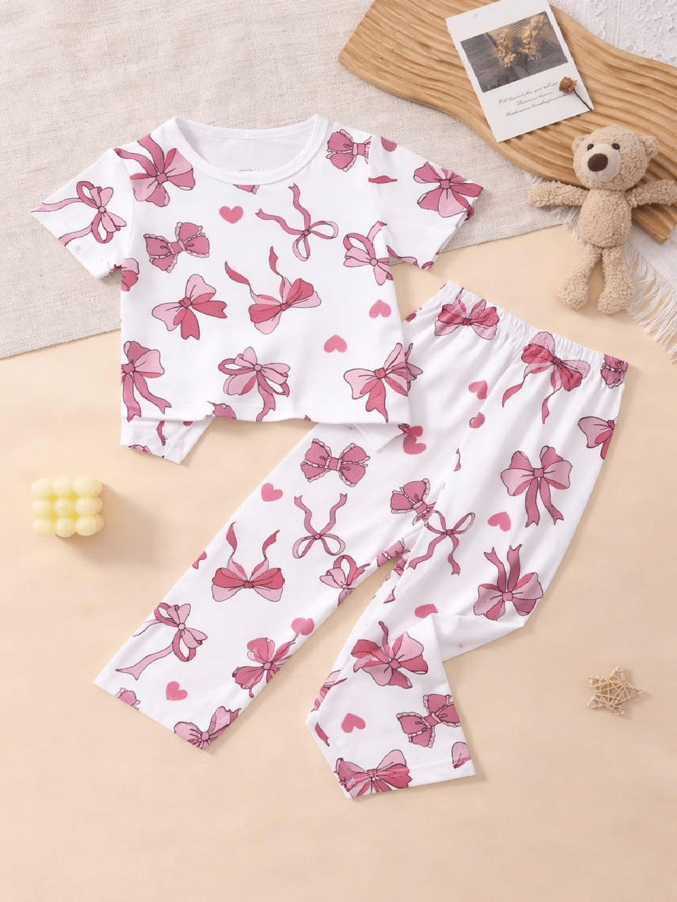 Baby Girl Summer Pink Ribbons Print Top & Trouser Set – Soft Cotton