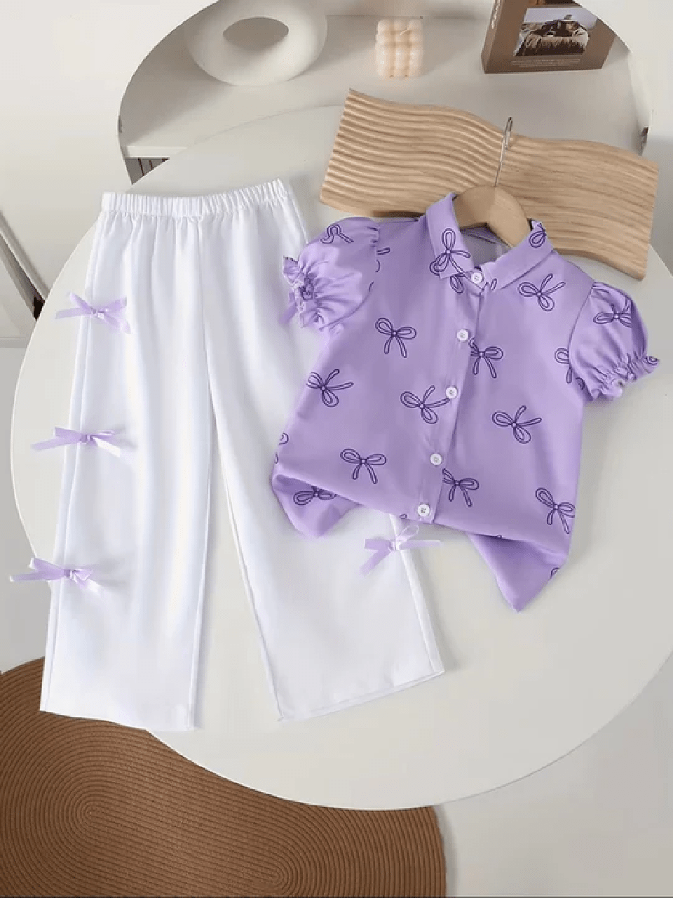 Abiha Styra Girls 2-Piece Bow Print Set – Puff Sleeve Shirt & White Wide-Leg Pants