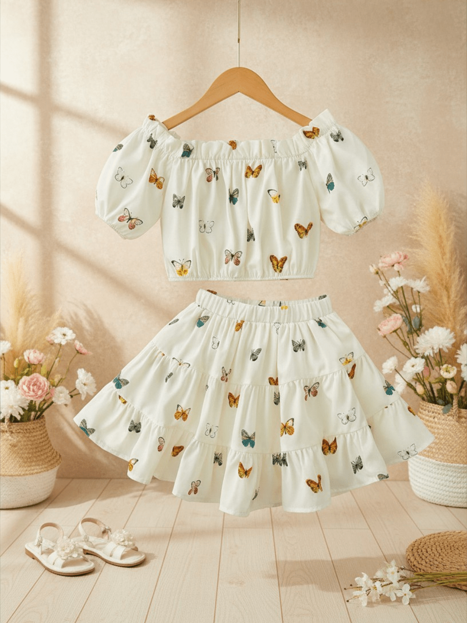Abiha Styra White Butterfly Print Top & Ruffle Hem Skirt
