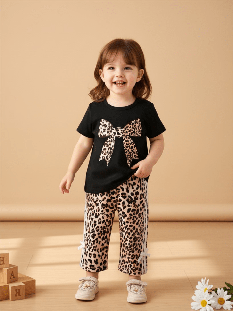 Abiha Styra Black & light yellow Leopard Bow Girls Co-Ord Set