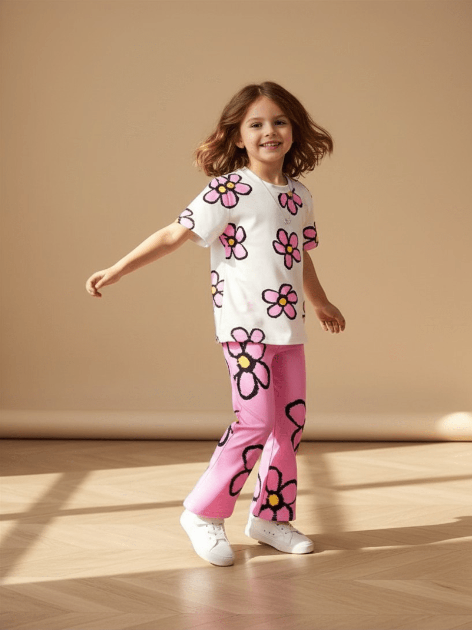 Abiha Styra Girls' Floral Round-Neck Top & Flared Trouser Set