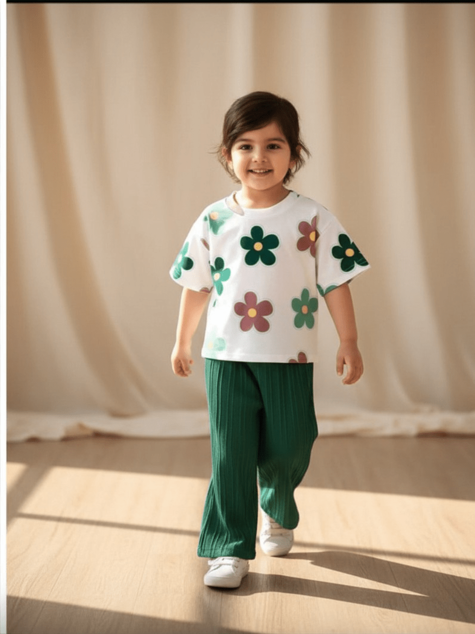 Abiha Styra Girls' Floral Top & Textured Wide-Leg Pants 2pcs Set