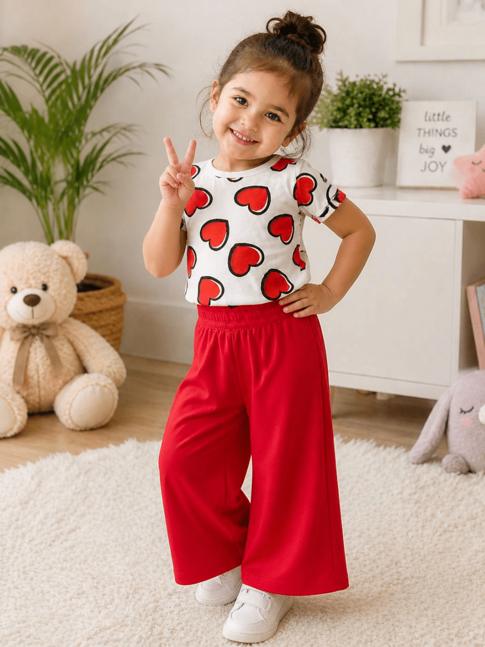 Heart Print T-Shirt & Red Flared Pants Set for Girls | Sizes 1–8 Years