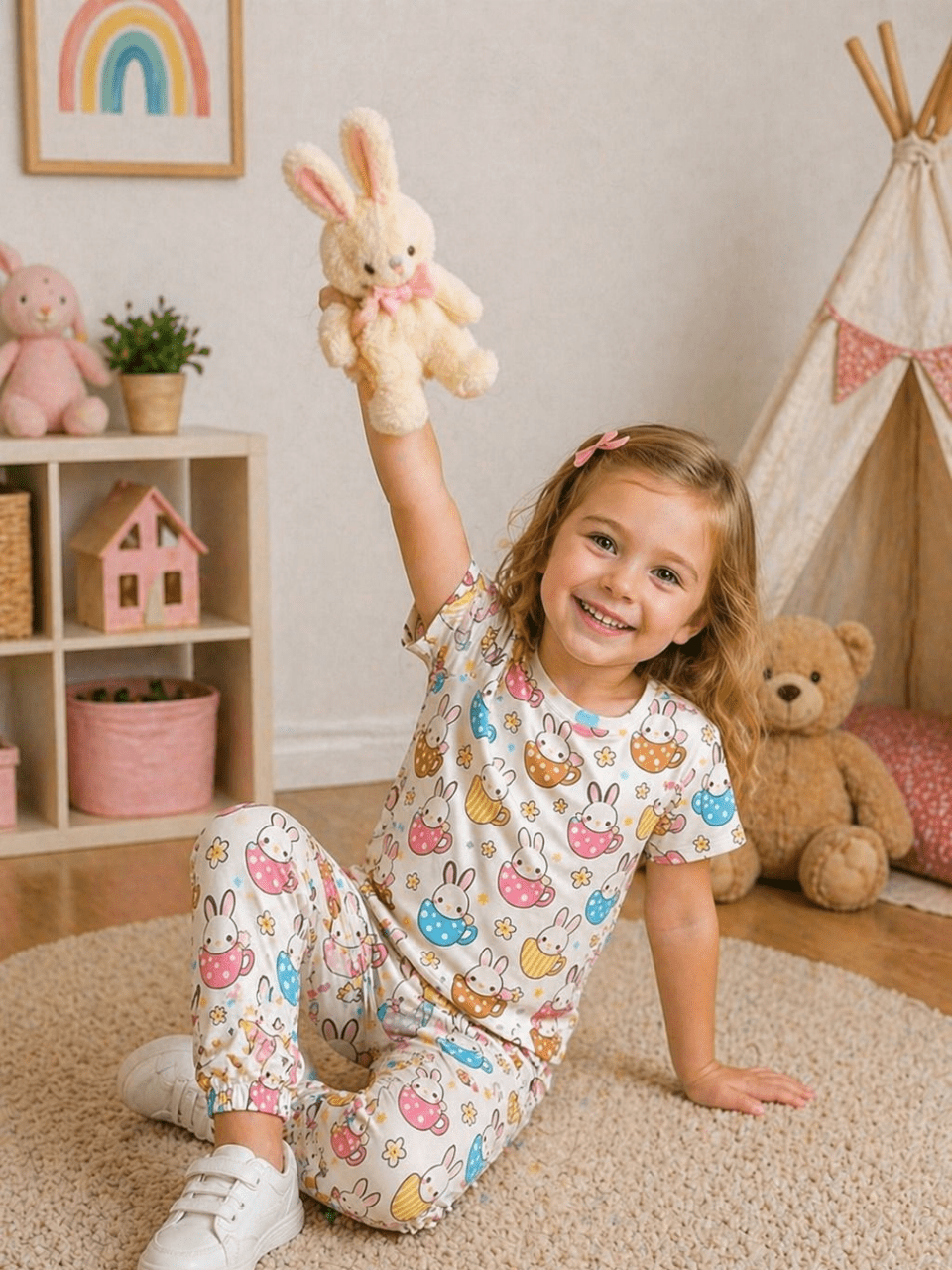 Bunny & Teacup Print Co-Ord Set for Girls | Sizes 1–10 Years