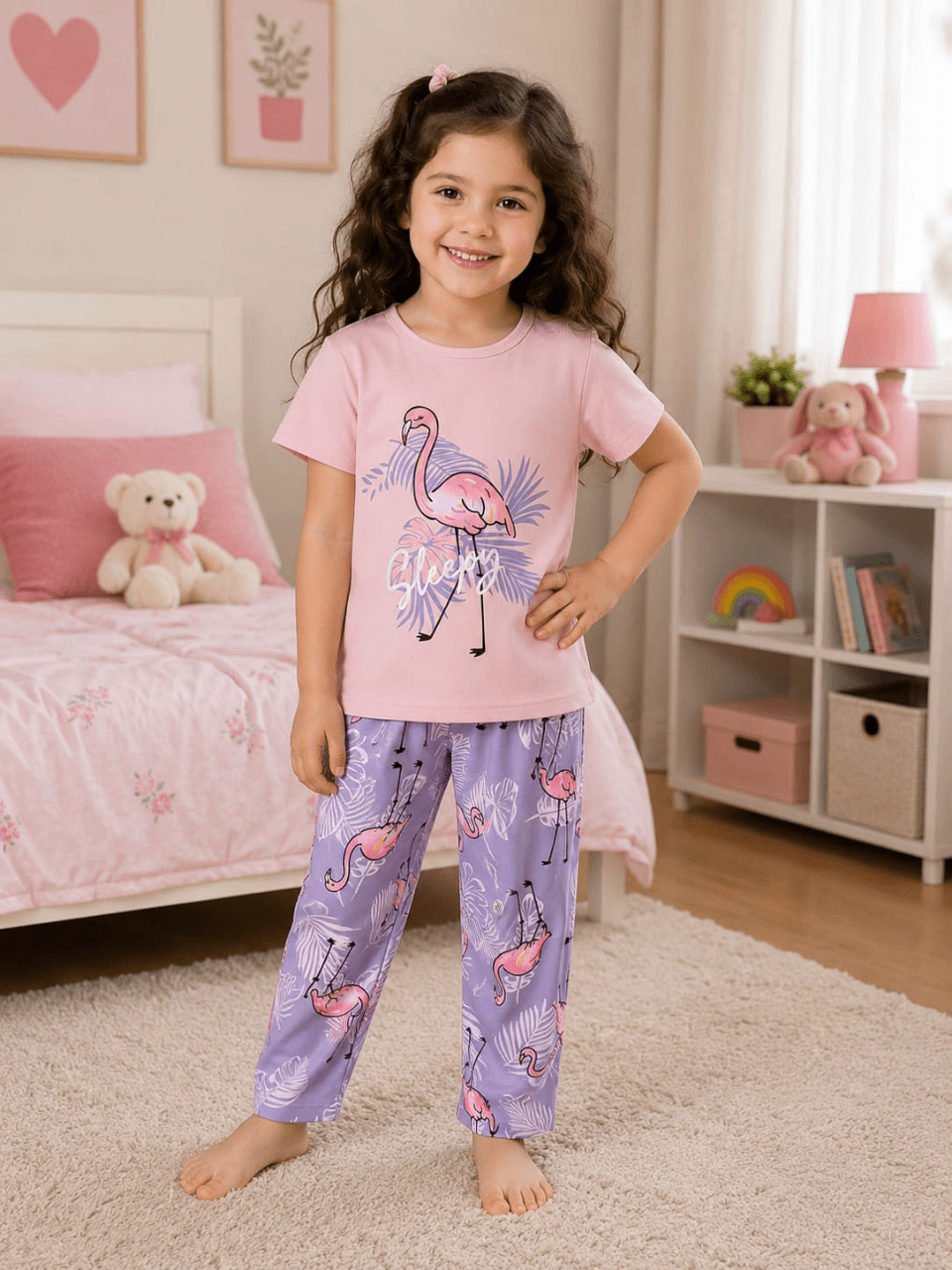 Flamingo Print T-Shirt & Tropical Pants Set for Girls | Sizes 1–10 Years