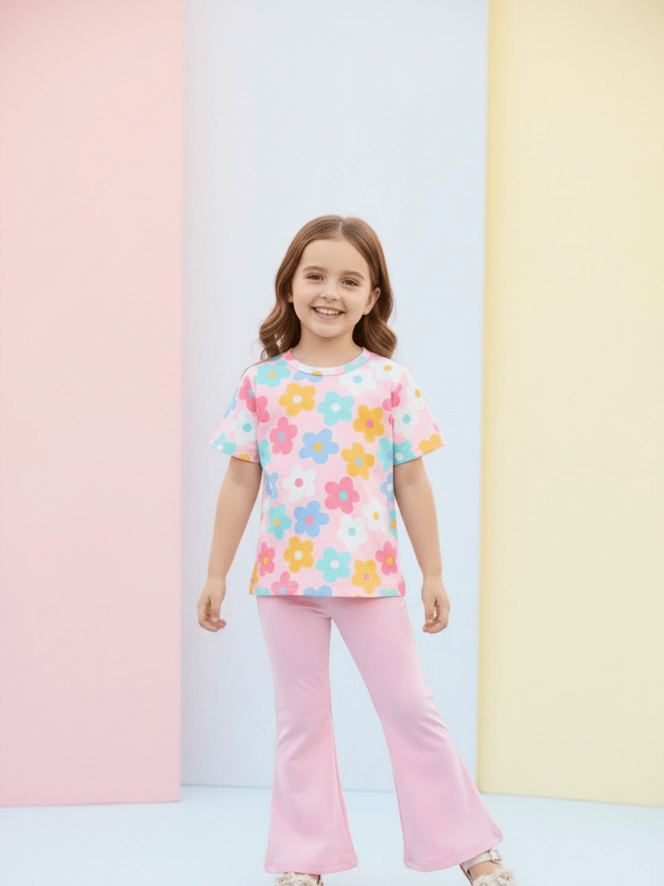 Retro Floral Print T-Shirt & Pink Flared Pants Set for Girls | Sizes 1–10 Years
