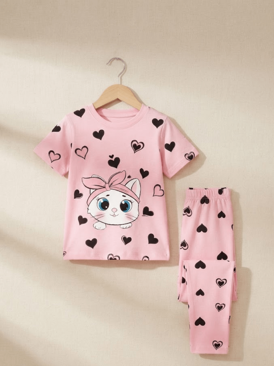 Baby Girl Cute Kitty & Hearts Print Top & Trouser Set – Soft Cotton