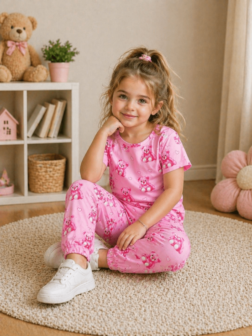 Soft Pink Teddy Bear Co-Ord Set for Girls | Sizes 1–8 Years