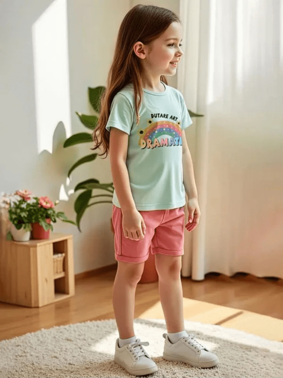 Abiha Styra Girls' Rainbow Letter Print Top & Solid Shorts 2pcs Set