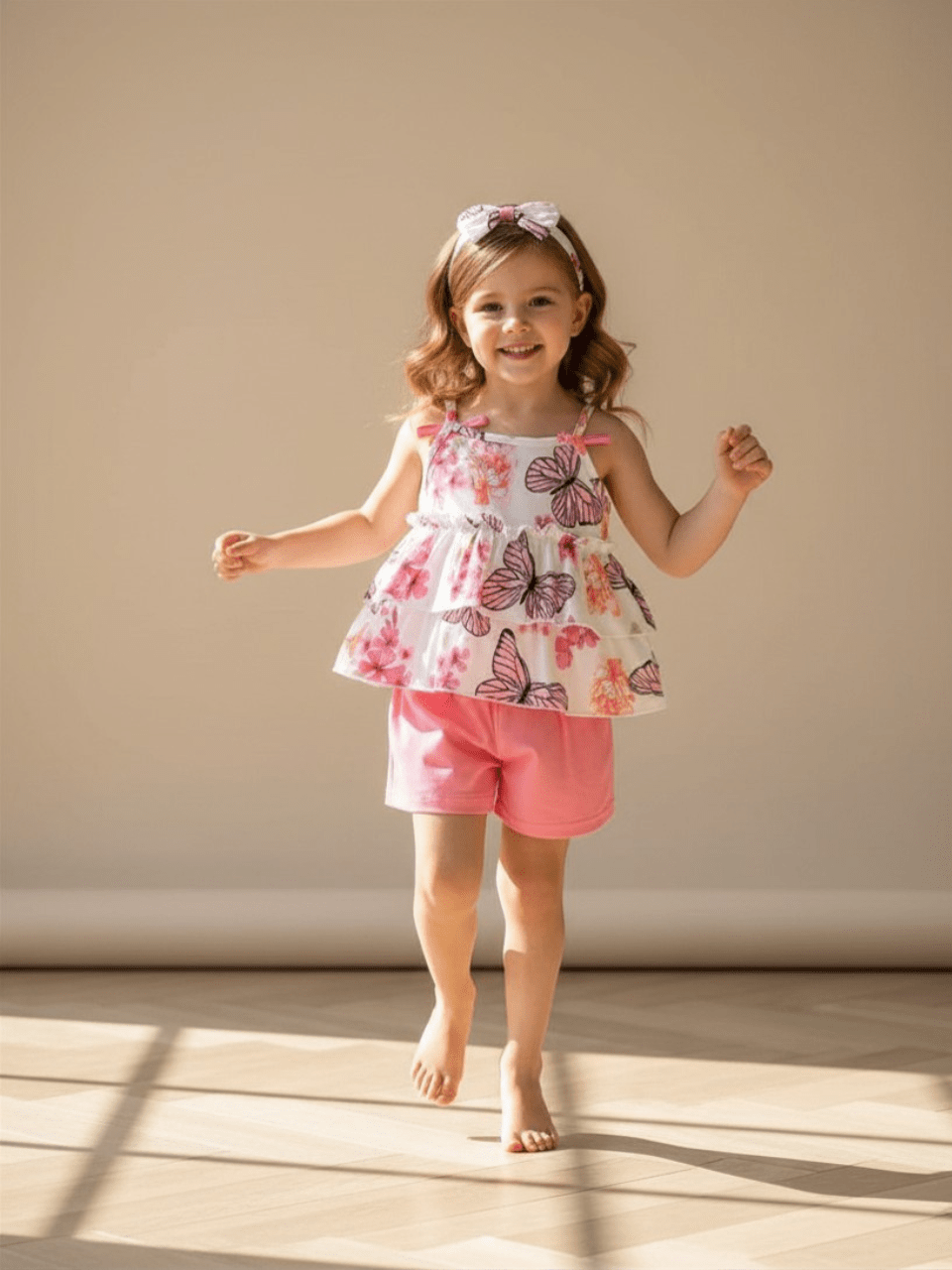 Abiha Styra Floral & Butterfly Print Ruffle Hem Top with Short