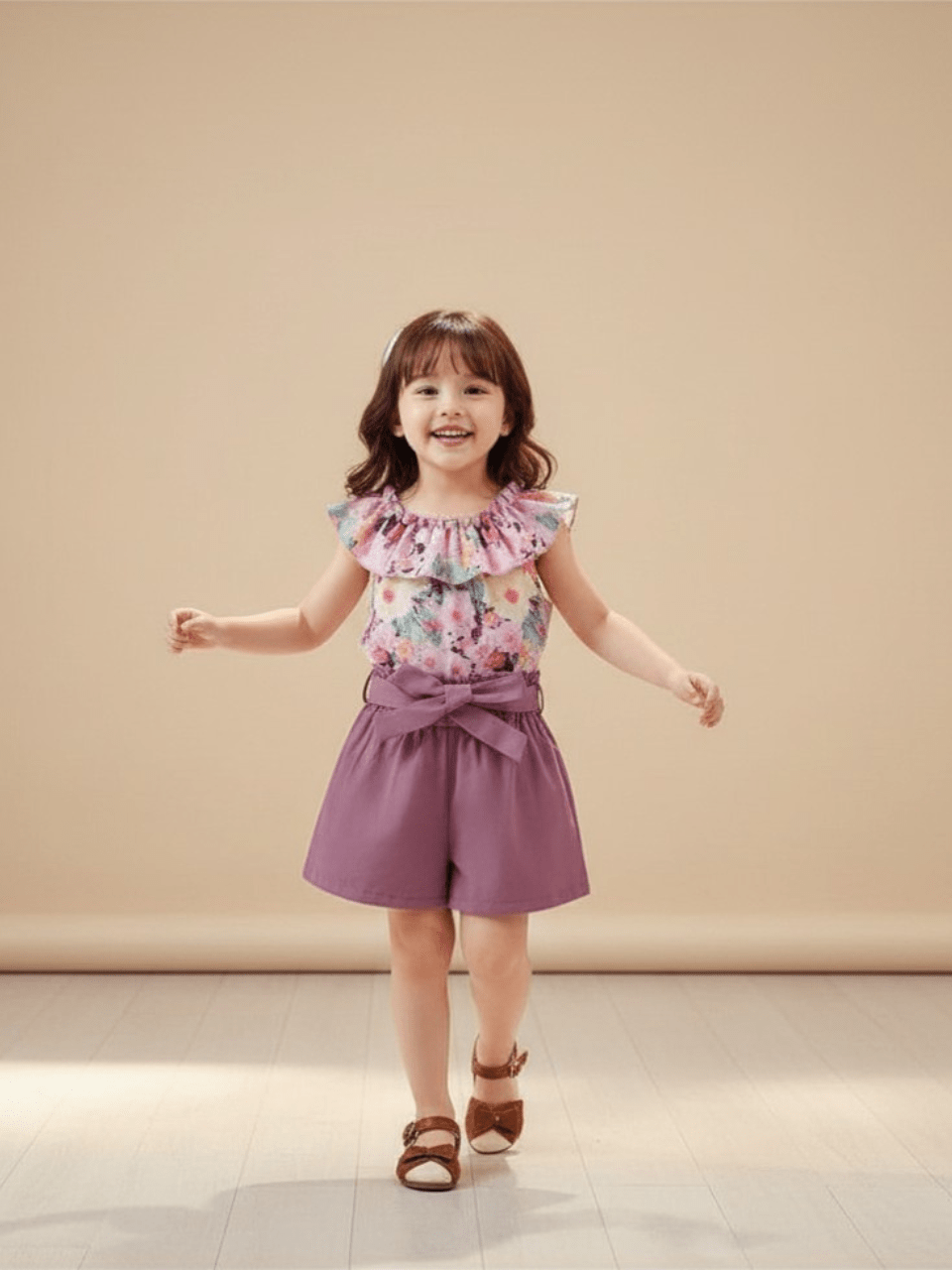 Abiha Styra Girls' Floral Ruffle Top & Purple Shorts Set