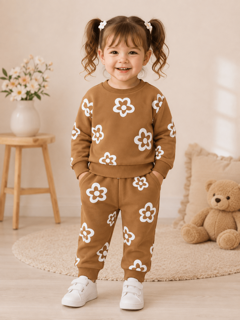 Kids Brown Floral Print Winter Tracksuit | 1–10 Years
