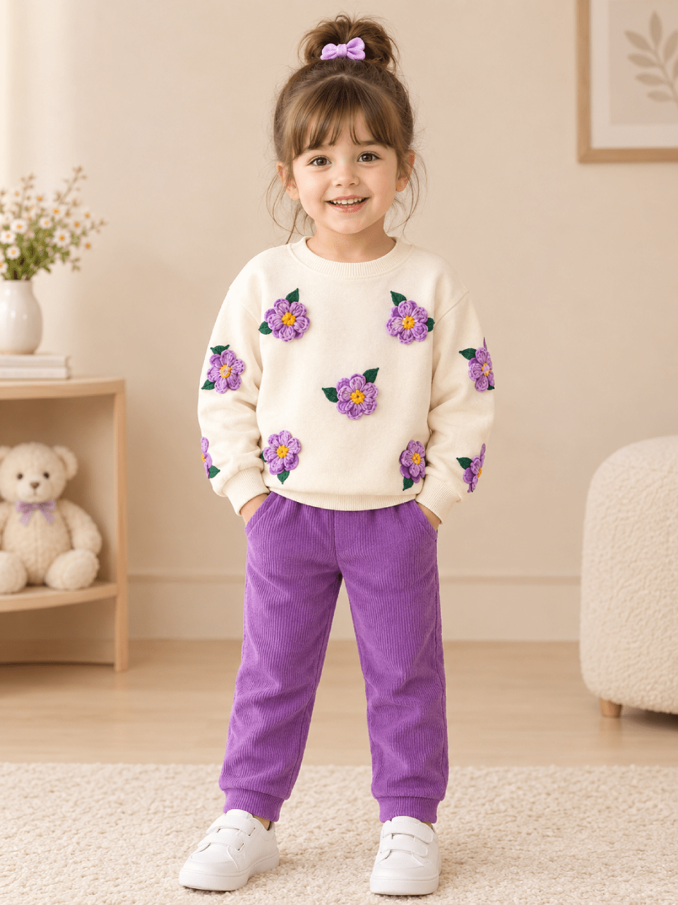 Pretty Floral Girls 2-Piece Set – White & Purple 1–10 Years